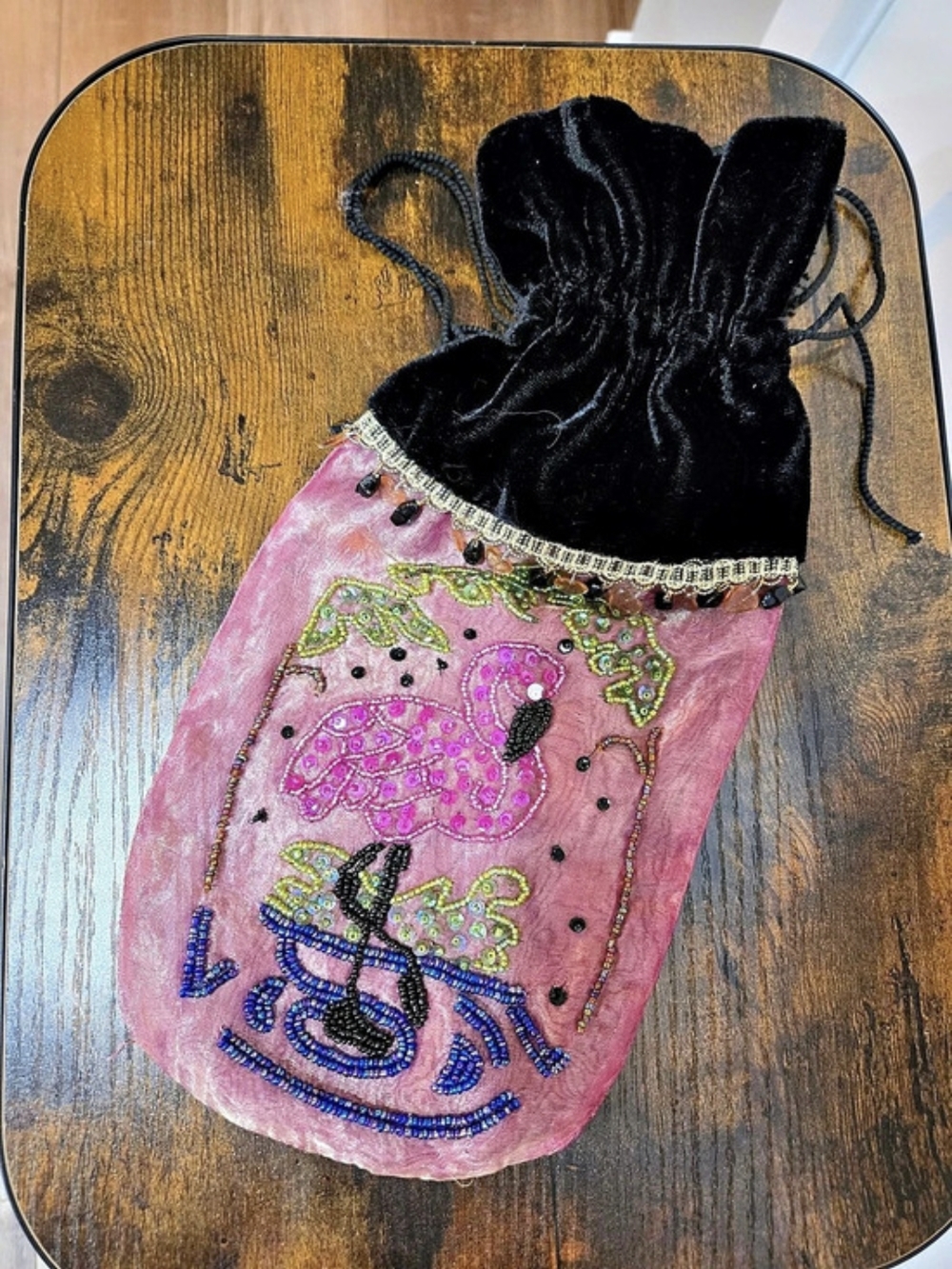 Vintage Hand Beaded Flamingo Drawstring Pouch Bag Velvet Trim Evening Purse